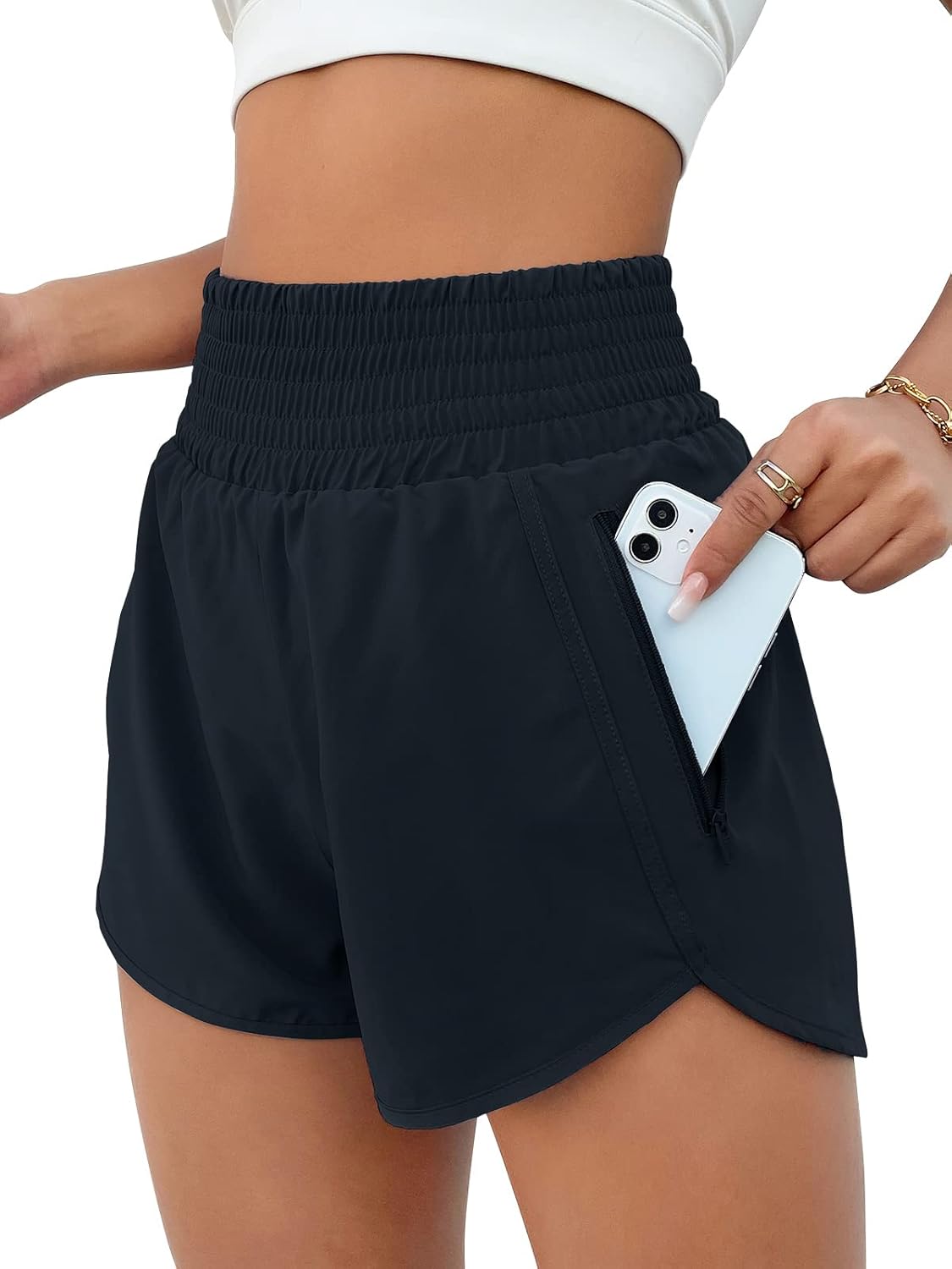 BMJL Women's Athletic Shorts High Waisted Running Shorts Pocket Sporty Short Gym Elastic Workout Shorts