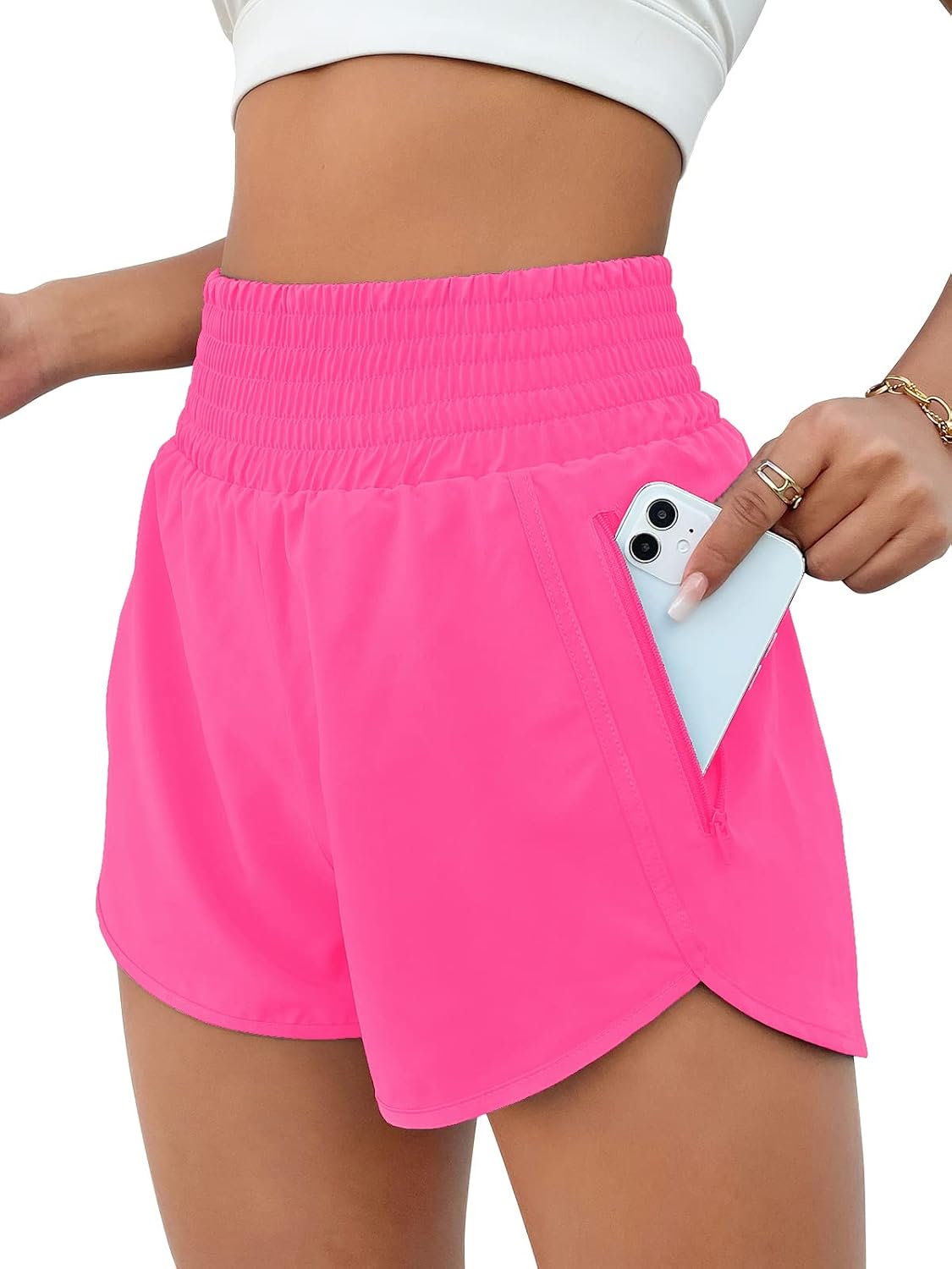 BMJL Women's Athletic Shorts High Waisted Running Shorts Pocket Sporty Short Gym Elastic Workout Shorts