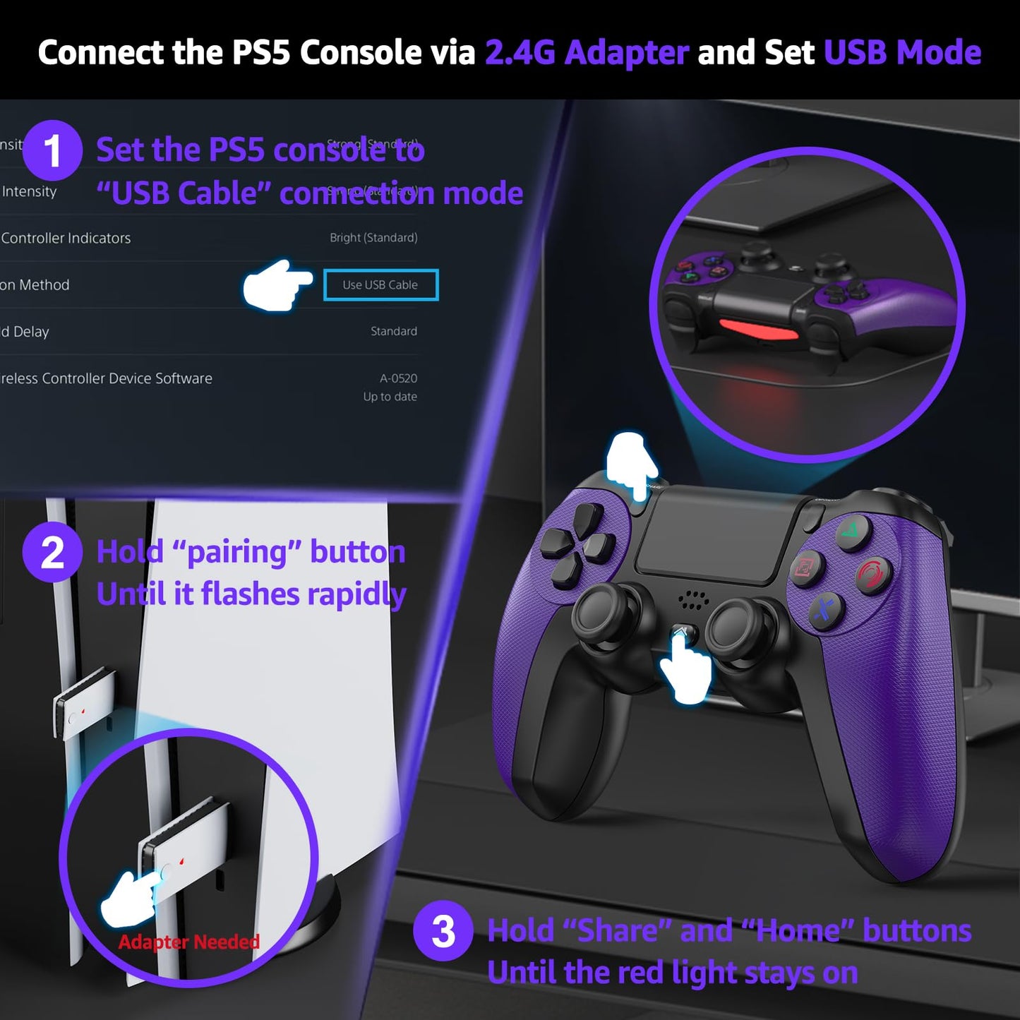 GMVOX Wireless Controller for PS-5, Gaming Controller Supports Turbo, Button Remapping, Programmable Features, Compatible with PS-5/PC/PS-4/Android/iOS Platforms (PS-5 Games Need Pair the 2.4G Adapter)