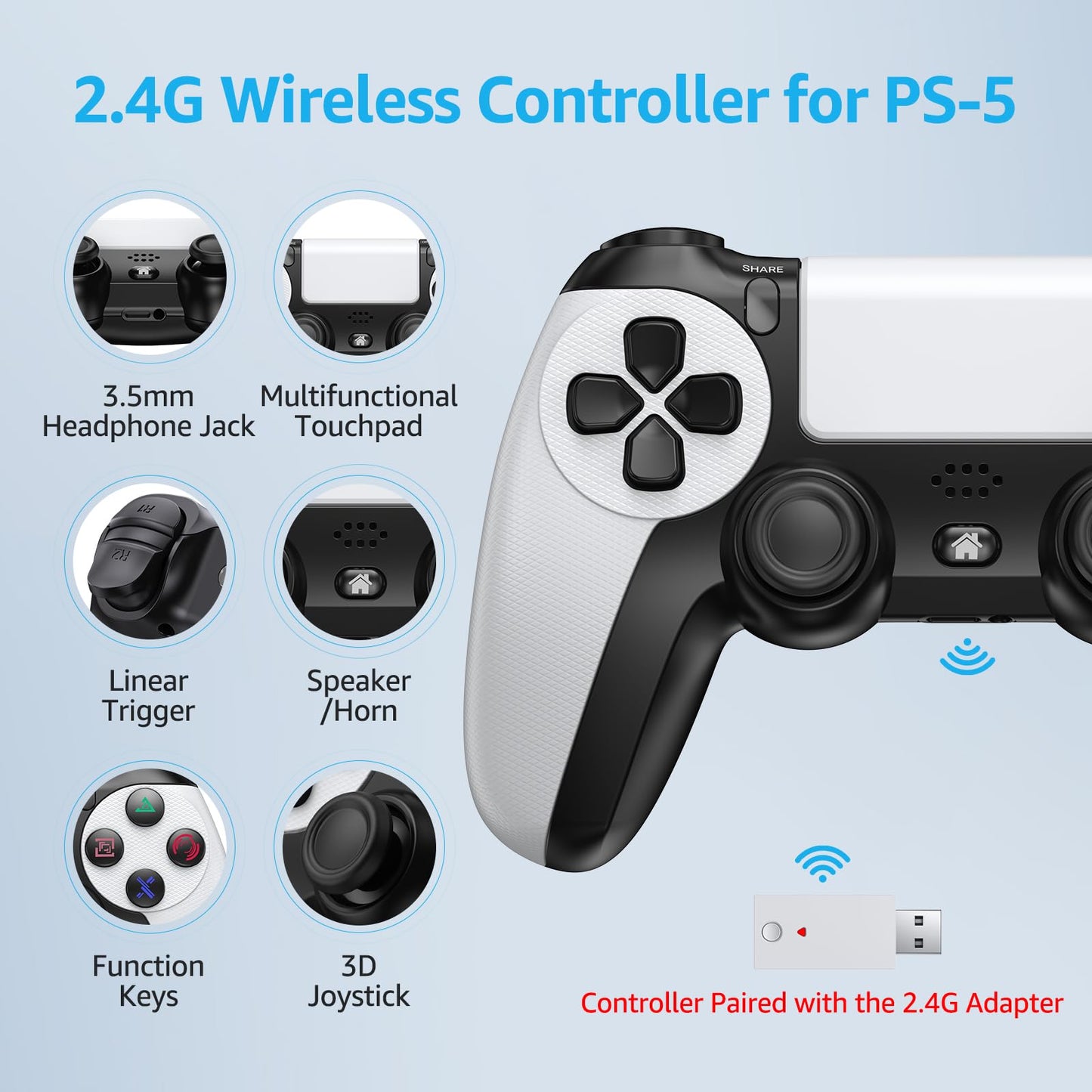 GMVOX Wireless Controller for PS-5, Gaming Controller Supports Turbo, Button Remapping, Programmable Features, Compatible with PS-5/PC/PS-4/Android/iOS Platforms (PS-5 Games Need Pair the 2.4G Adapter)