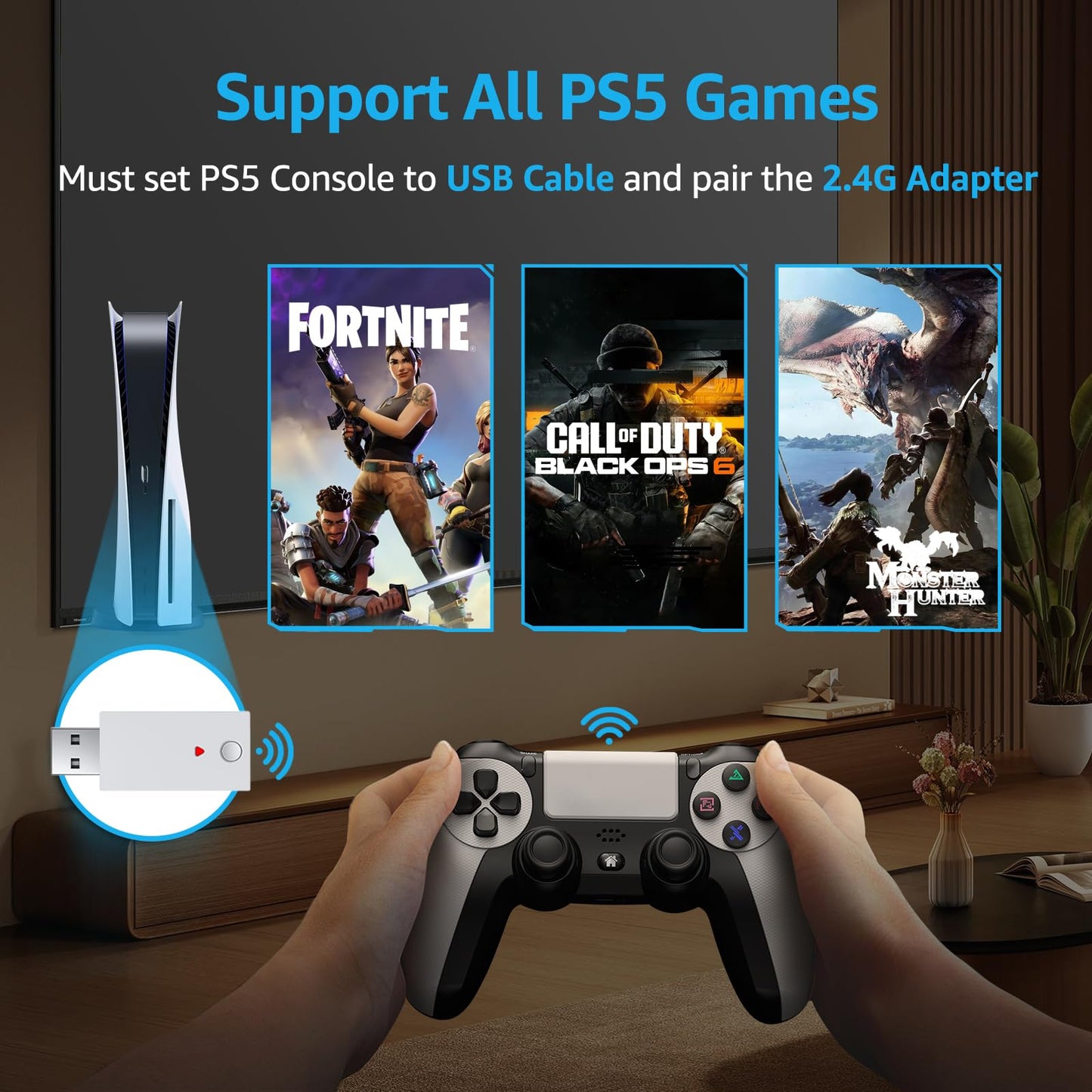 GMVOX Wireless Controller for PS-5, Gaming Controller Supports Turbo, Button Remapping, Programmable Features, Compatible with PS-5/PC/PS-4/Android/iOS Platforms (PS-5 Games Need Pair the 2.4G Adapter)