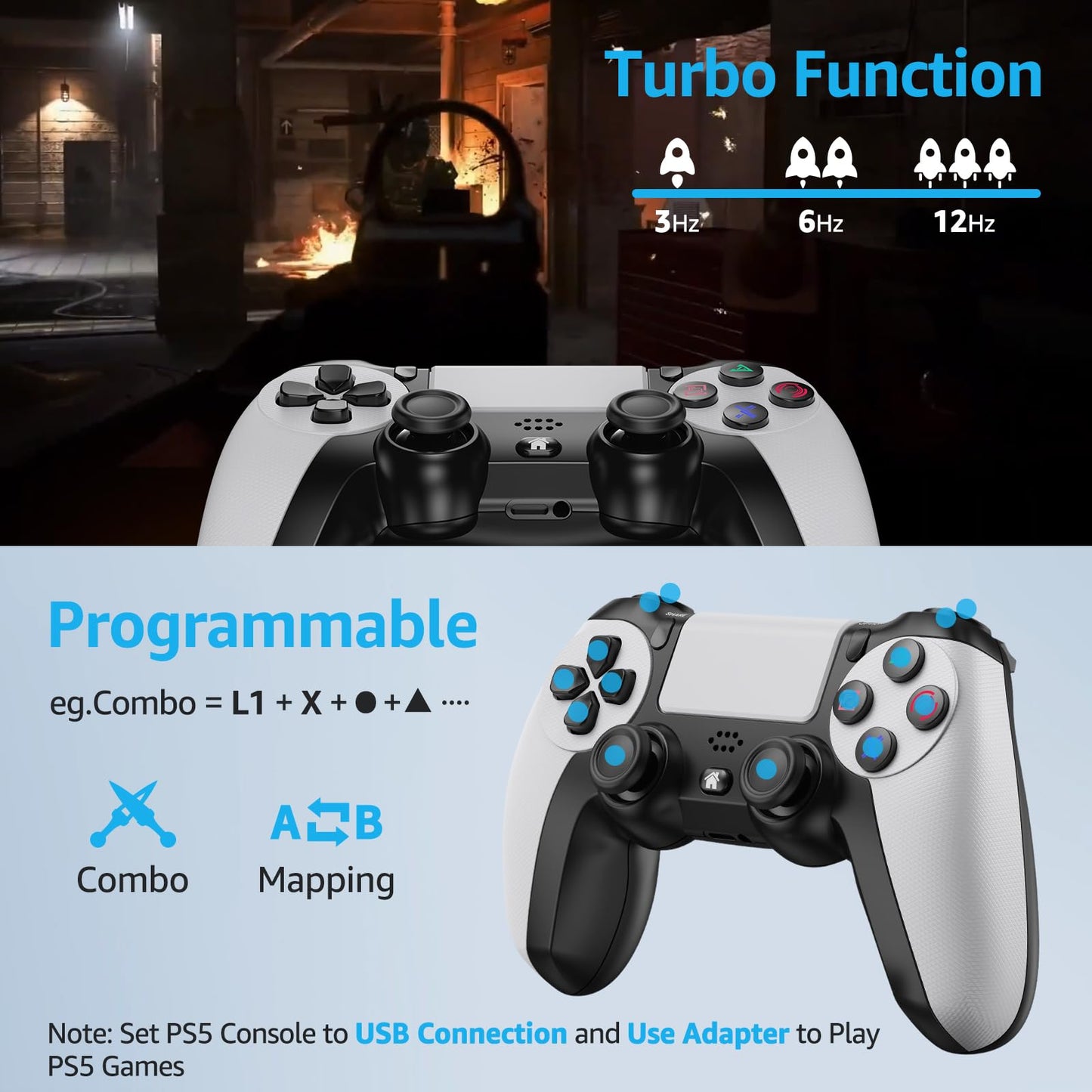 GMVOX Wireless Controller for PS-5, Gaming Controller Supports Turbo, Button Remapping, Programmable Features, Compatible with PS-5/PC/PS-4/Android/iOS Platforms (PS-5 Games Need Pair the 2.4G Adapter)