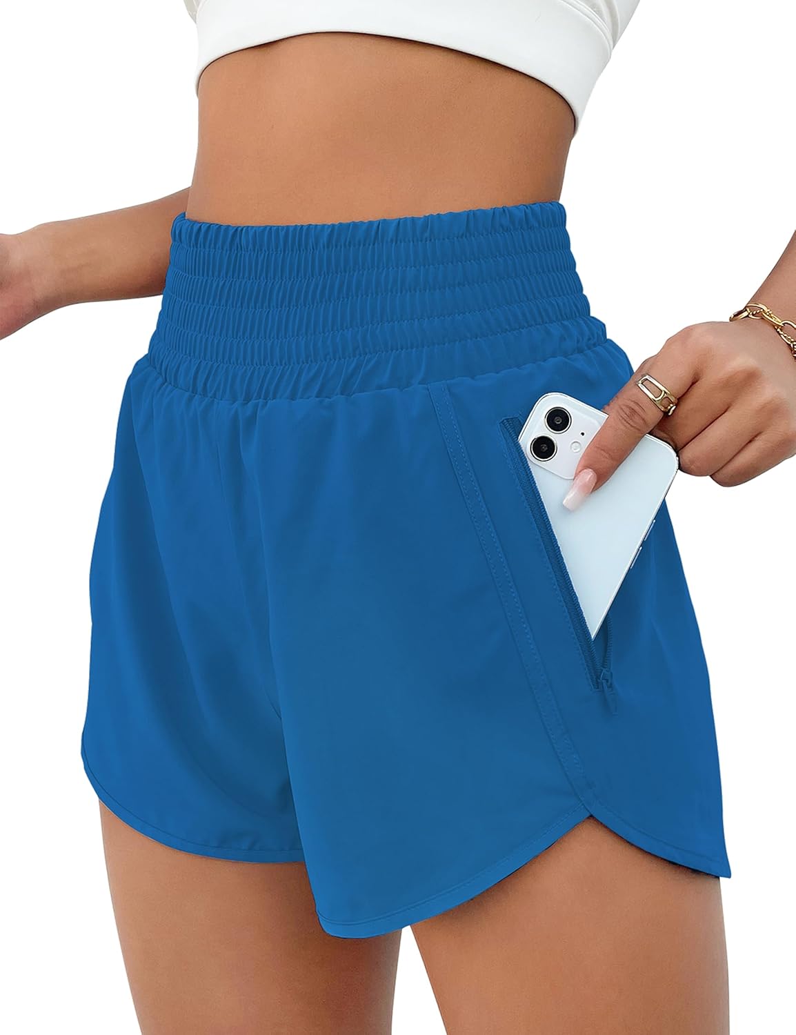 BMJL Women's Athletic Shorts High Waisted Running Shorts Pocket Sporty Short Gym Elastic Workout Shorts
