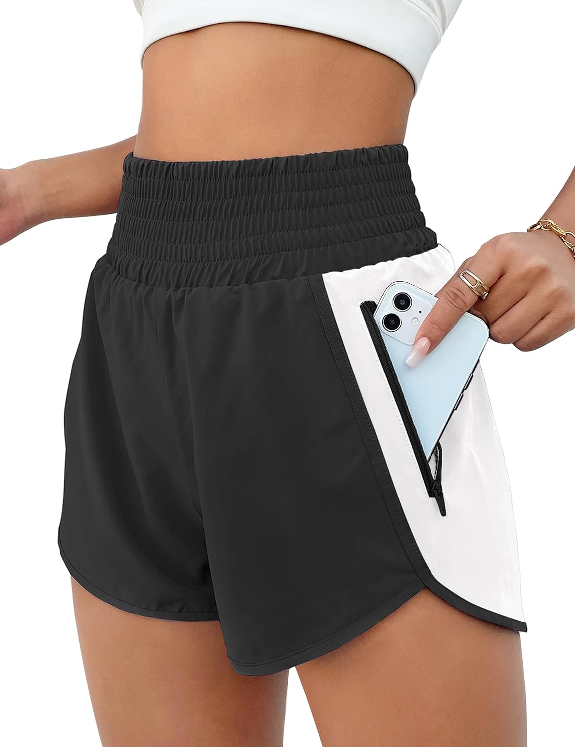 BMJL Women's Athletic Shorts High Waisted Running Shorts Pocket Sporty Short Gym Elastic Workout Shorts