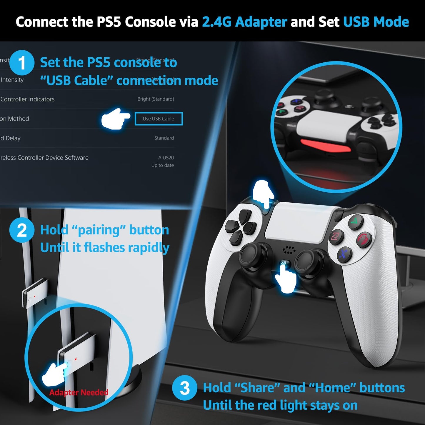 GMVOX Wireless Controller for PS-5, Gaming Controller Supports Turbo, Button Remapping, Programmable Features, Compatible with PS-5/PC/PS-4/Android/iOS Platforms (PS-5 Games Need Pair the 2.4G Adapter)