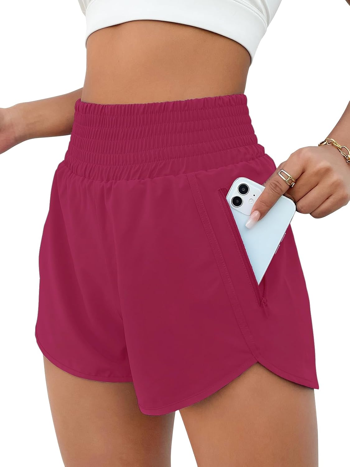 BMJL Women's Athletic Shorts High Waisted Running Shorts Pocket Sporty Short Gym Elastic Workout Shorts