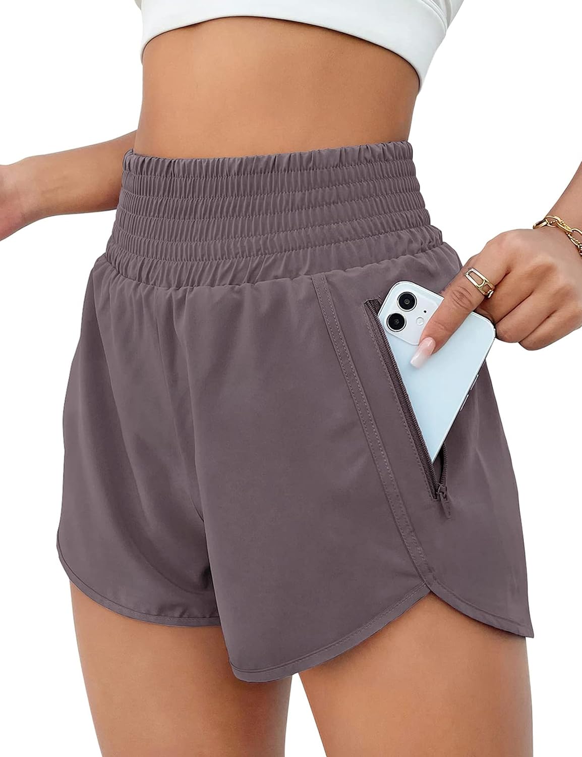BMJL Women's Athletic Shorts High Waisted Running Shorts Pocket Sporty Short Gym Elastic Workout Shorts