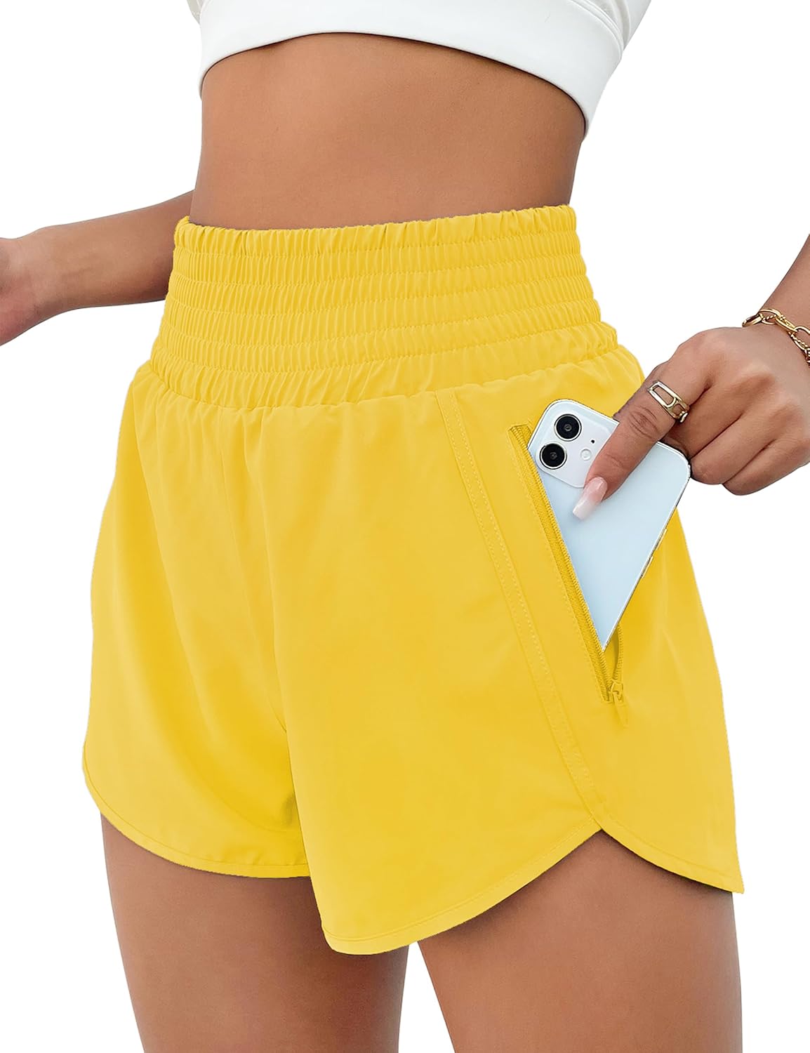 BMJL Women's Athletic Shorts High Waisted Running Shorts Pocket Sporty Short Gym Elastic Workout Shorts