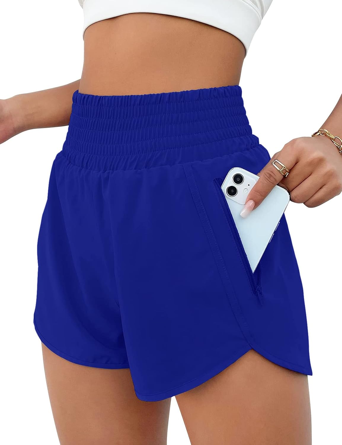BMJL Women's Athletic Shorts High Waisted Running Shorts Pocket Sporty Short Gym Elastic Workout Shorts