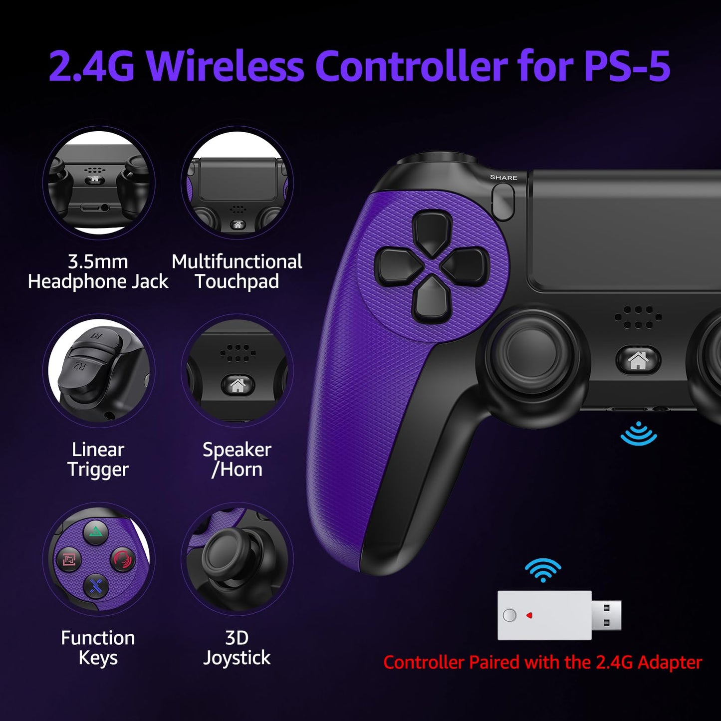 GMVOX Wireless Controller for PS-5, Gaming Controller Supports Turbo, Button Remapping, Programmable Features, Compatible with PS-5/PC/PS-4/Android/iOS Platforms (PS-5 Games Need Pair the 2.4G Adapter)