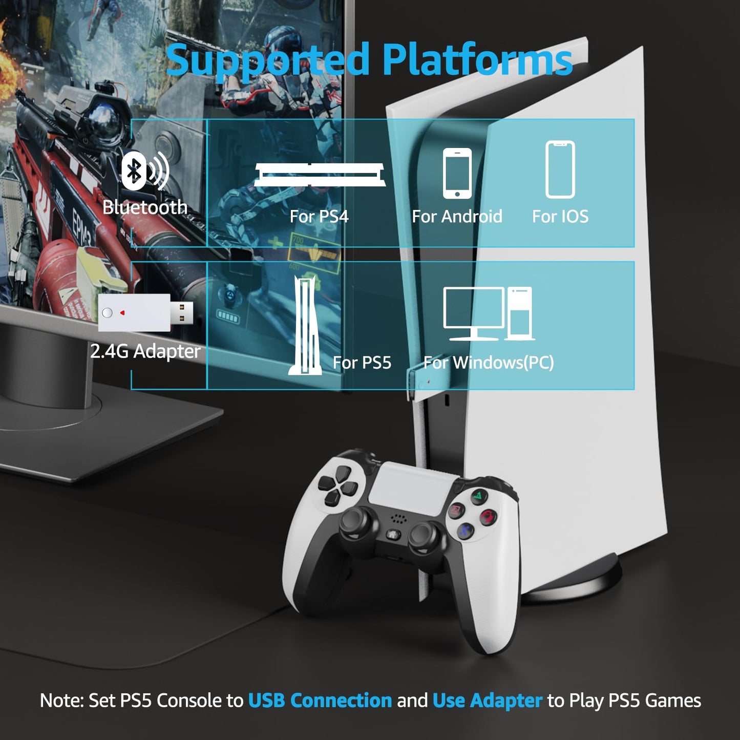 GMVOX Wireless Controller for PS-5, Gaming Controller Supports Turbo, Button Remapping, Programmable Features, Compatible with PS-5/PC/PS-4/Android/iOS Platforms (PS-5 Games Need Pair the 2.4G Adapter)